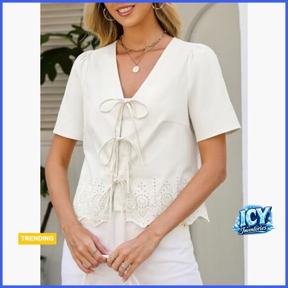Cotton Lyocell Tie Front Crop Top with Eyelet Embroidery and Puff Sleeves - Picture 5 of 7